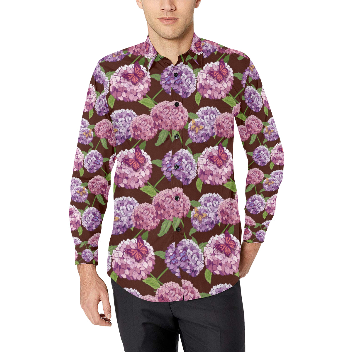 Hydrangea Pattern Print Design HD08 Men's Long Sleeve Shirt