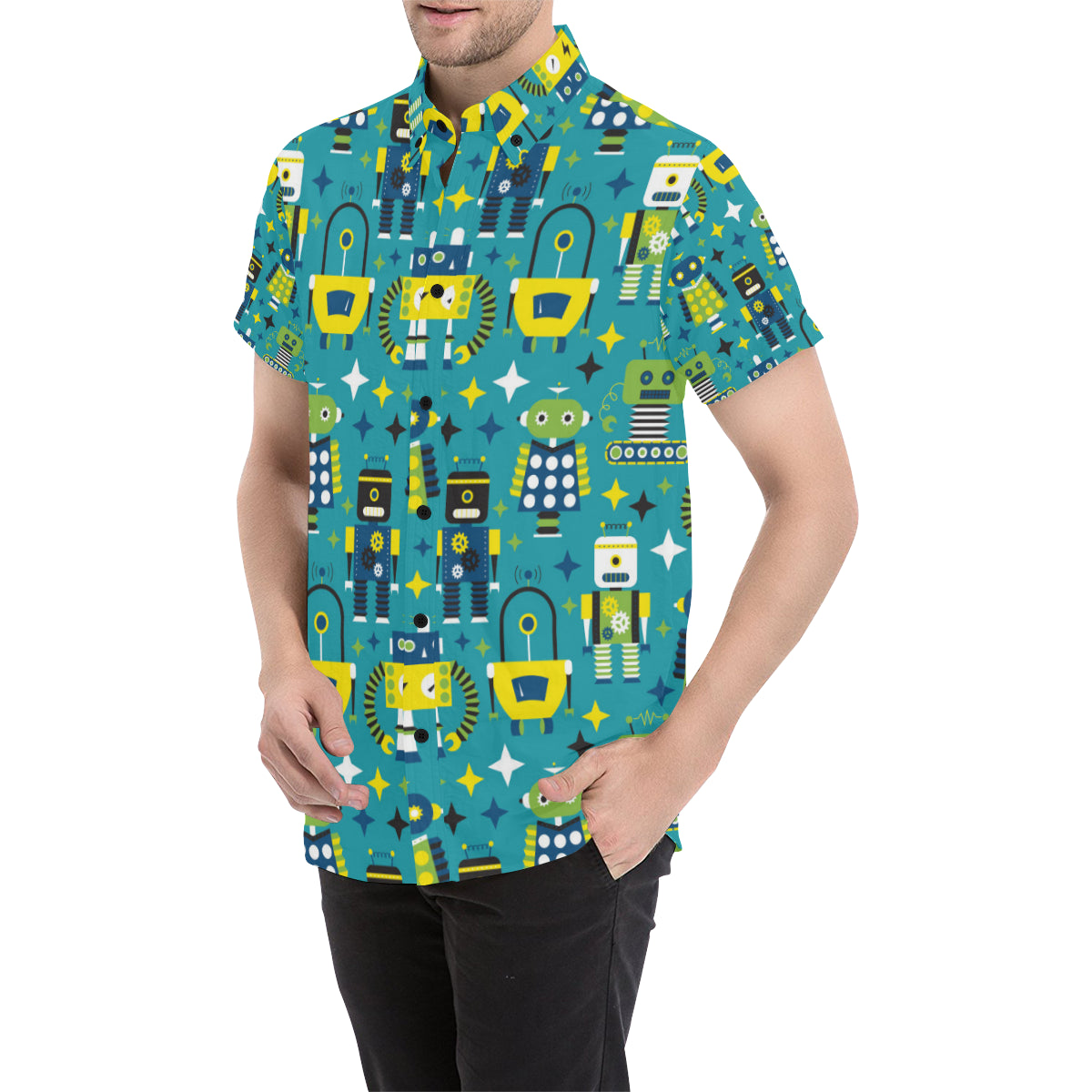 Robot Pattern Print Design A02 Men's Short Sleeve Button Up Shirt