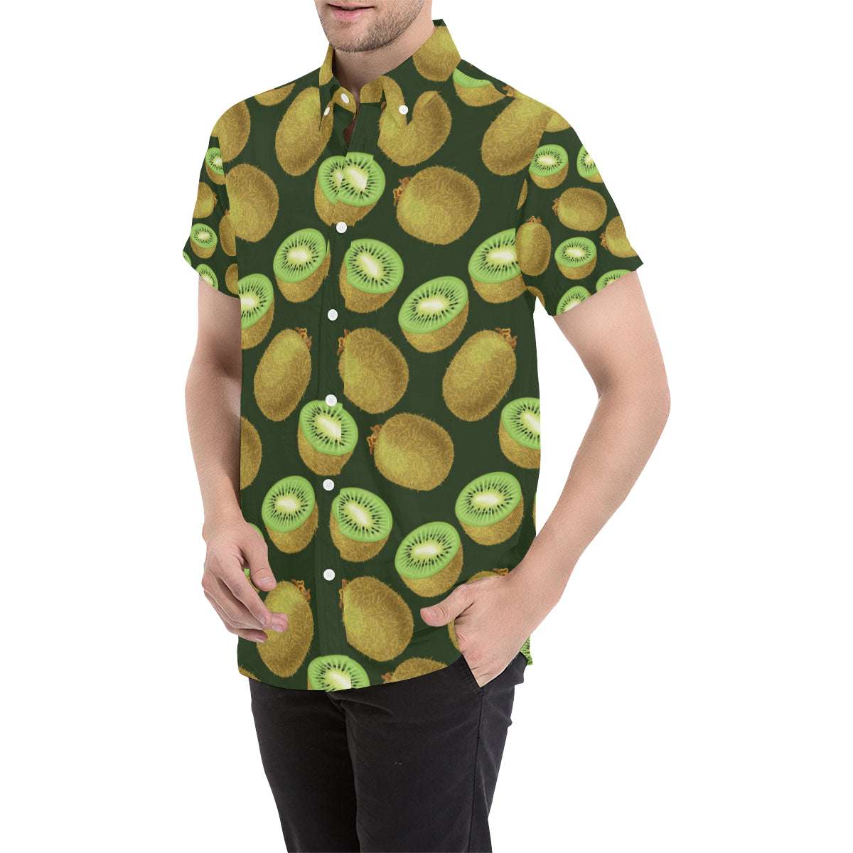 Kiwi Pattern Print Design KW04 Men's Short Sleeve Button Up Shirt