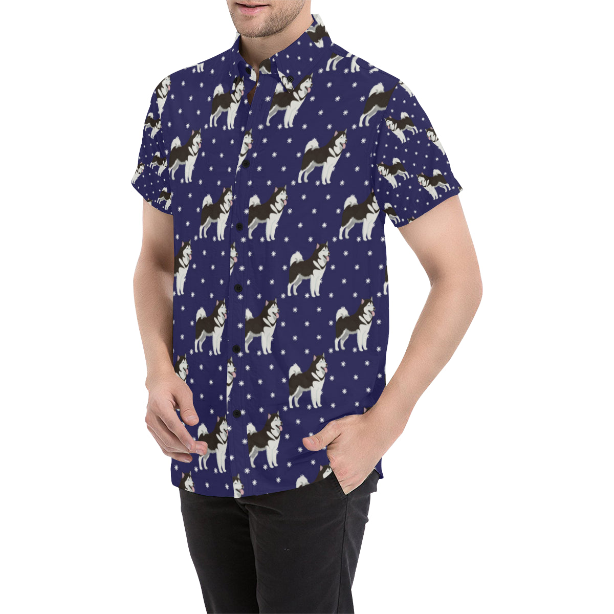 Alaskan Malamute Pattern Print Design 04 Men's Short Sleeve Button Up Shirt