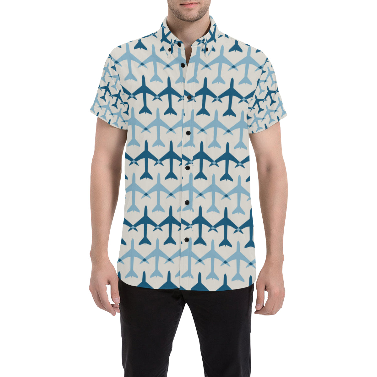 Airplane Pattern Print Design 04 Men's Short Sleeve Button Up Shirt