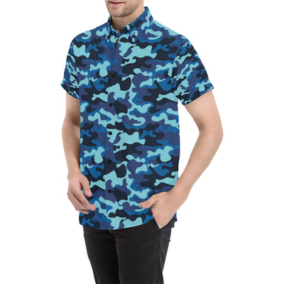 Camo Blue Pattern Print Design 04 Men's Short Sleeve Button Up Shirt