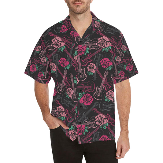 Bass Guitar Pink Rose Pattern Print Design 01 Men's Hawaiian Shirt