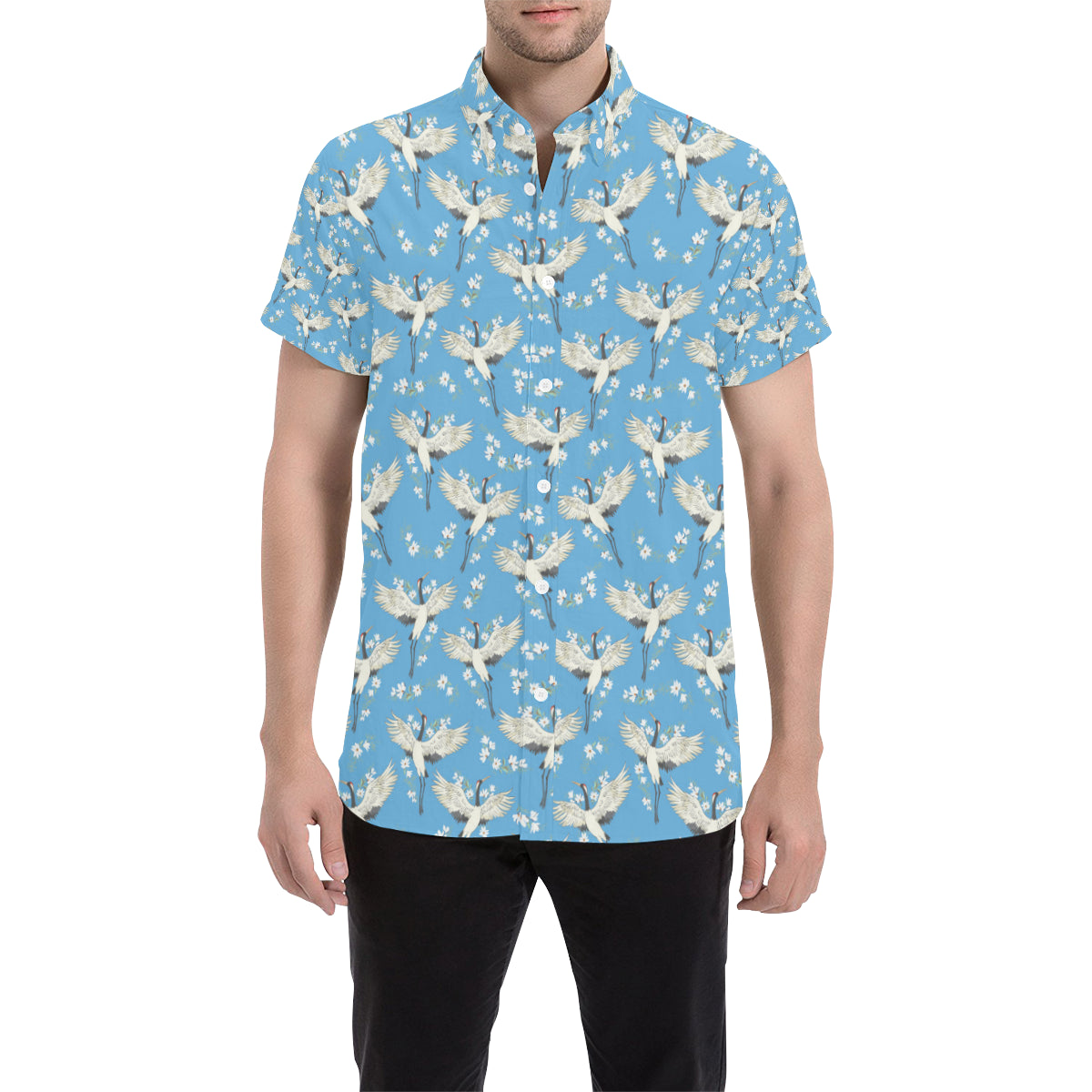 Crane Pattern Print Design 03 Men's Short Sleeve Button Up Shirt