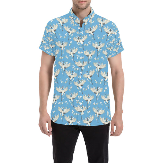 Crane Pattern Print Design 03 Men's Short Sleeve Button Up Shirt