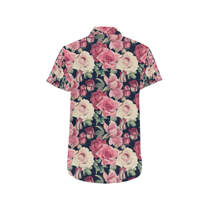 Rose Pattern Print Design RO05 Men's Short Sleeve Button Up Shirt