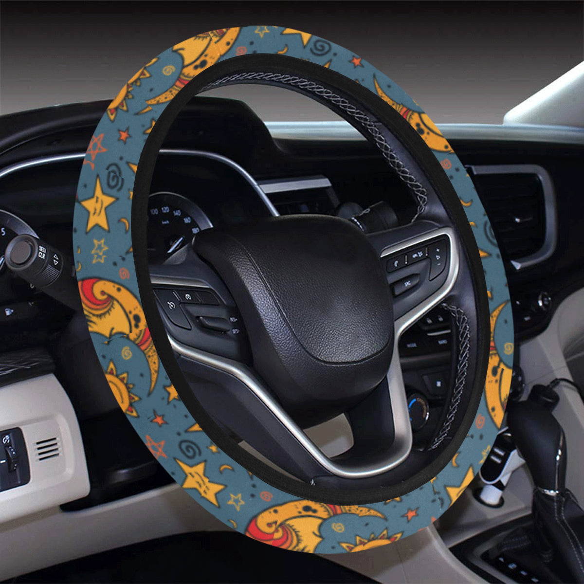 Celestial Moon Sun Pattern Print Design 02 Steering Wheel Cover with Elastic Edge