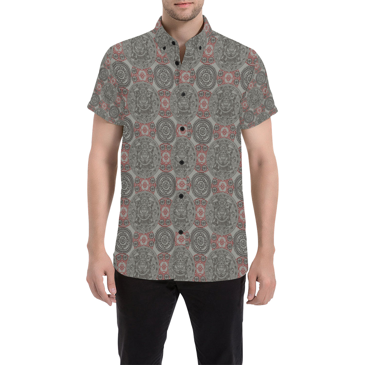 Calendar Aztec Style Print Pattern Men's Short Sleeve Button Up Shirt