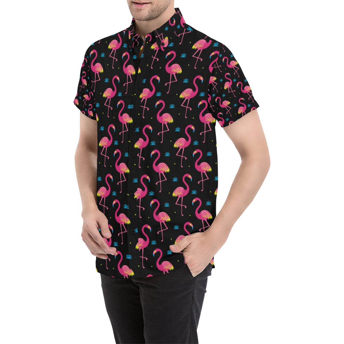 Flamingo Pink Neon Print Pattern Men's Short Sleeve Button Up Shirt
