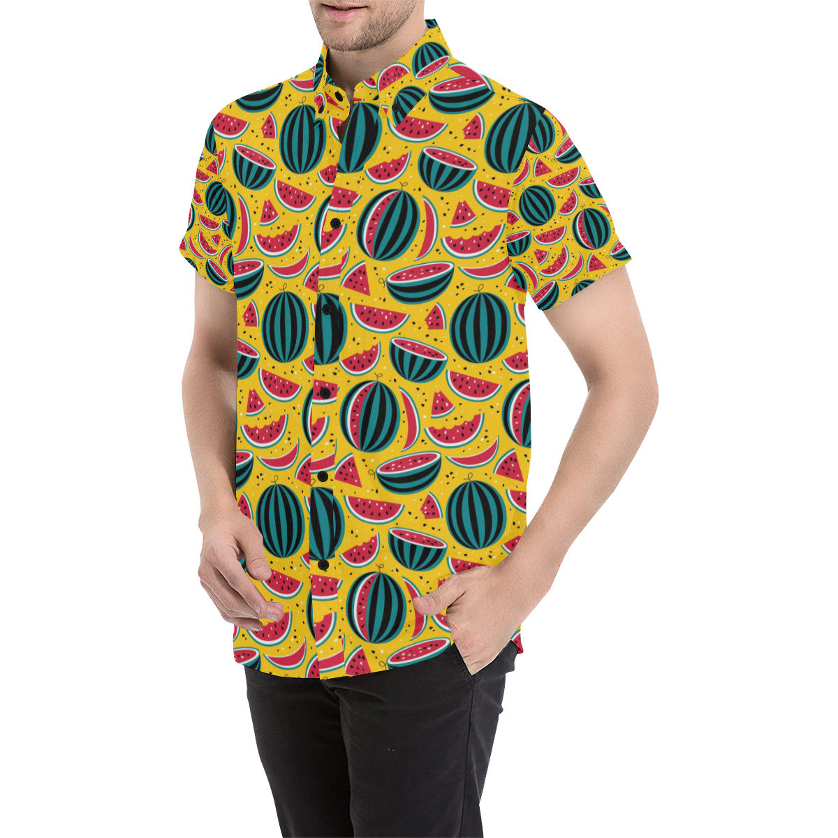 Watermelon Pattern Print Design WM02 Men's Short Sleeve Button Up Shirt