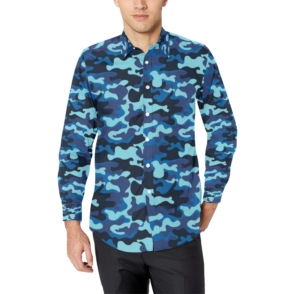 Camo Blue Pattern Print Design 04 Men's Long Sleeve Shirt