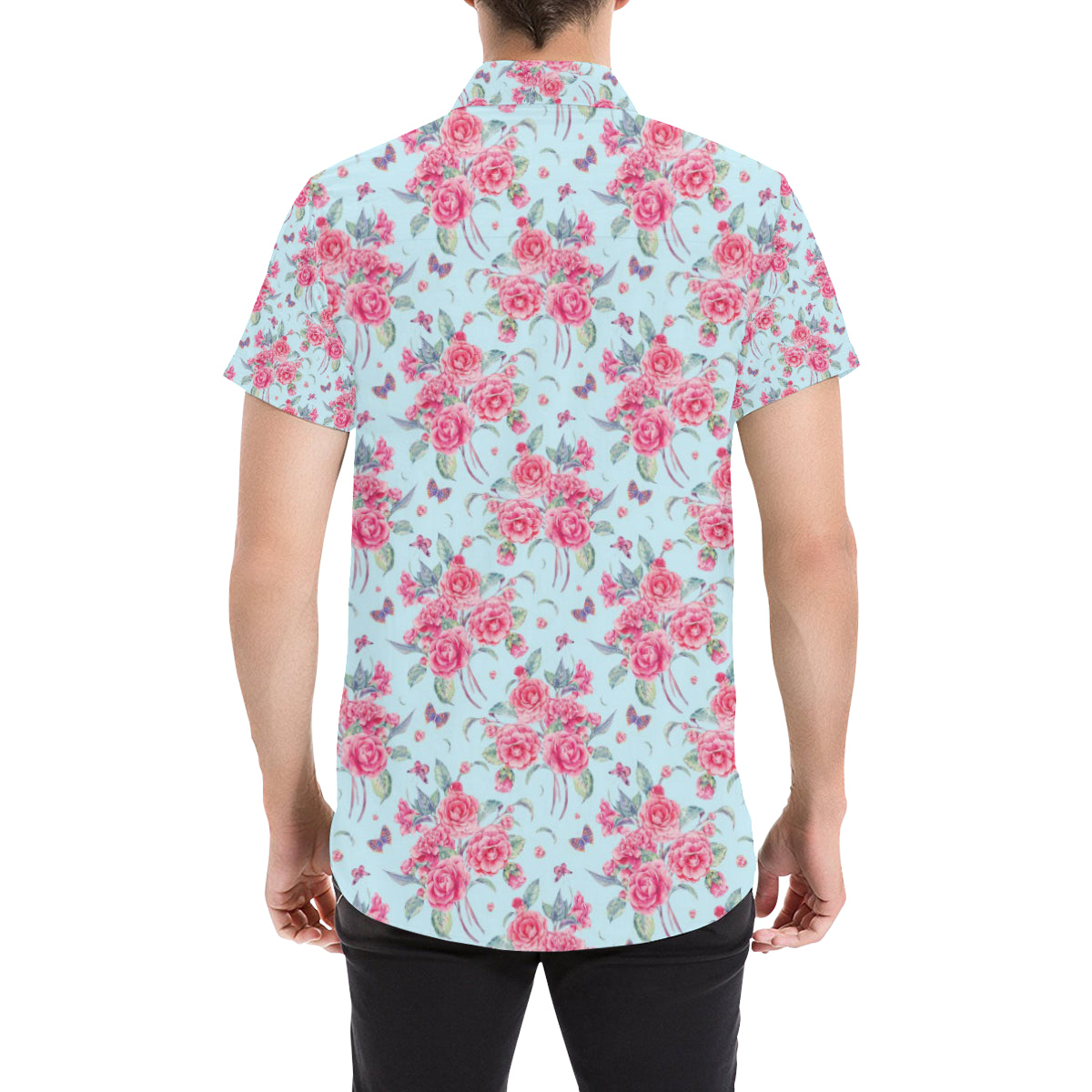Camellia Pattern Print Design 01 Men's Short Sleeve Button Up Shirt