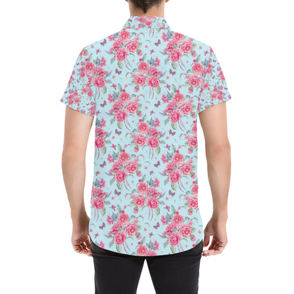 Camellia Pattern Print Design 01 Men's Short Sleeve Button Up Shirt