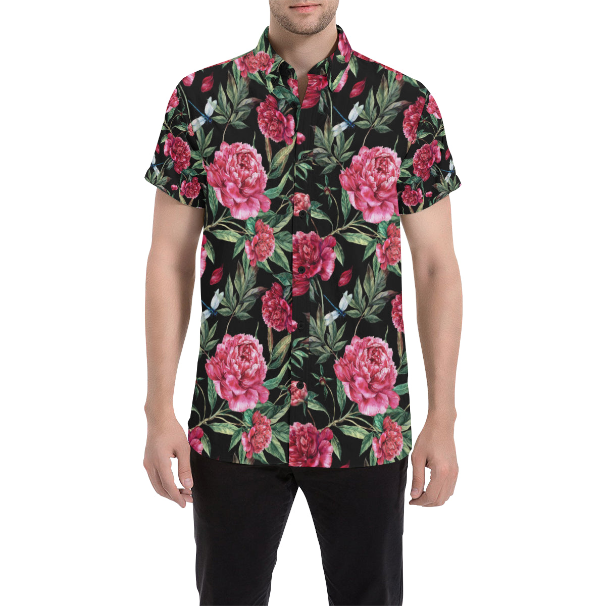 Peony Pattern Print Design PE04 Men's Short Sleeve Button Up Shirt