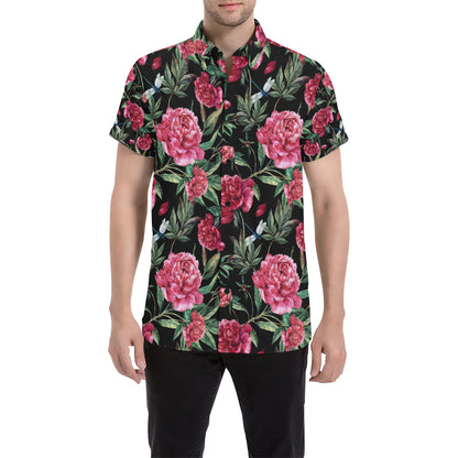 Peony Pattern Print Design PE04 Men's Short Sleeve Button Up Shirt
