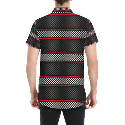 Checkered Flag Red Line Style Men's Short Sleeve Button Up Shirt