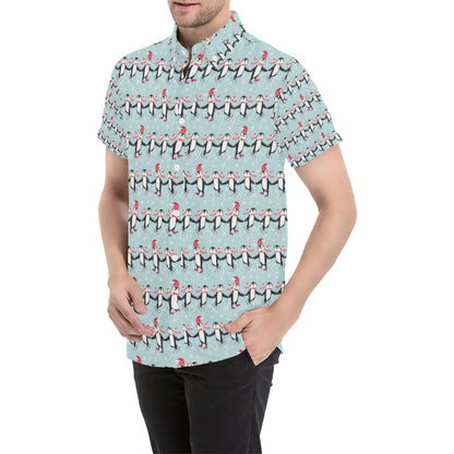 Penguin Sking Design Men's Short Sleeve Button Up Shirt