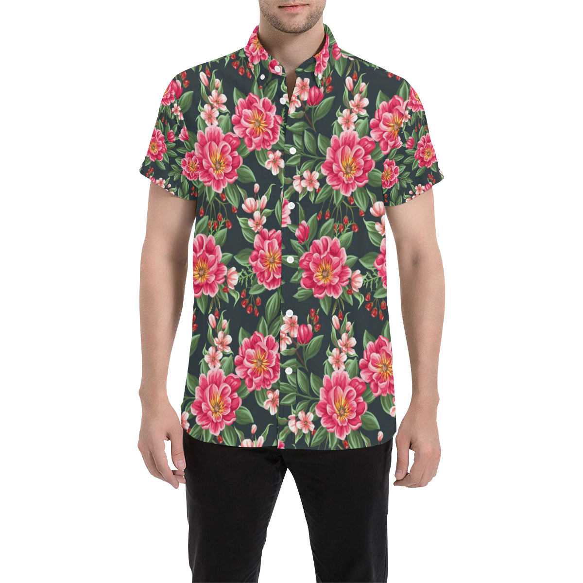 Summer Floral Pattern Print Design SF06 Men's Short Sleeve Button Up Shirt