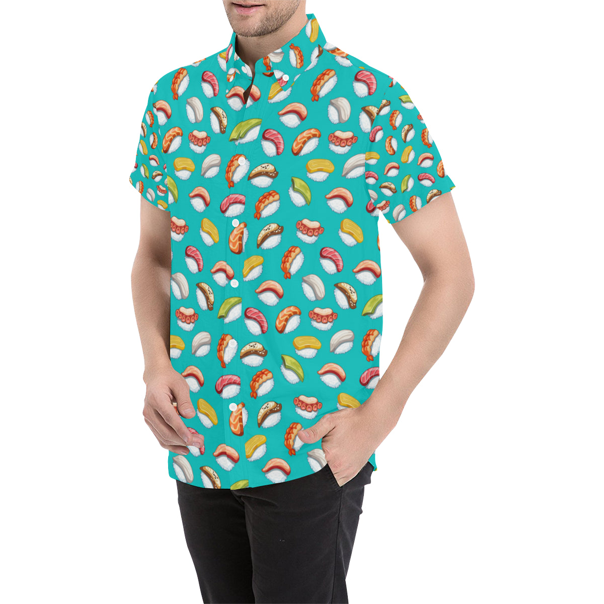 Sushi Themed Print Men's Short Sleeve Button Up Shirt