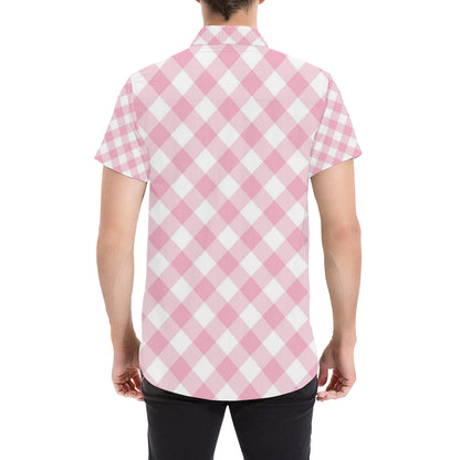 Gingham Pink Pattern Print Design 02 Men's Short Sleeve Button Up Shirt