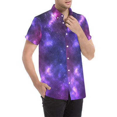 Celestial Purple Blue Galaxy Men's Short Sleeve Button Up Shirt