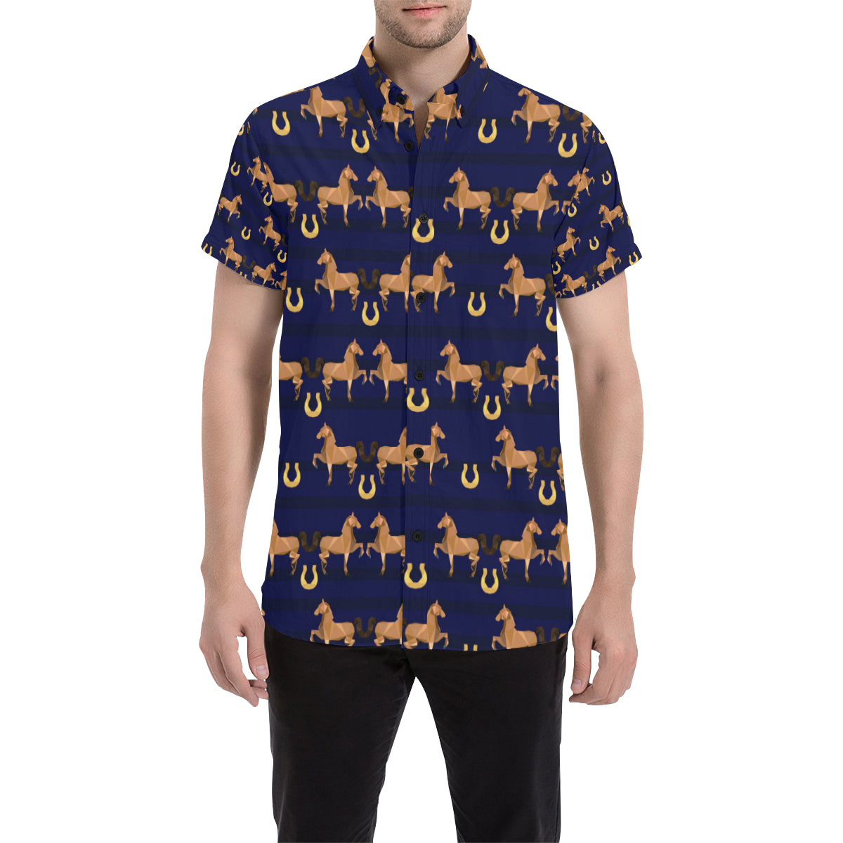 Horse Luxury Themed Pattern Print Men's Short Sleeve Button Up Shirt