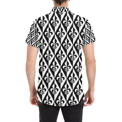 Fleur De Lis Black White Pattern Print Design 02 Men's Short Sleeve Button Up Shirt