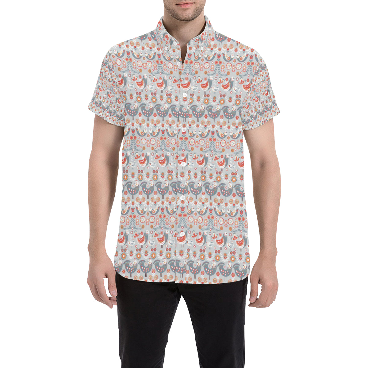 Swedish Nordic Design Print Men's Short Sleeve Button Up Shirt