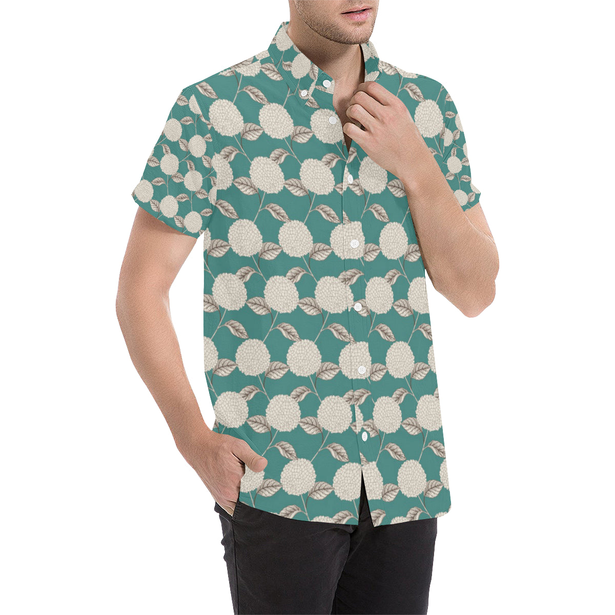 Hydrangea Pattern Print Design HD03 Men's Short Sleeve Button Up Shirt