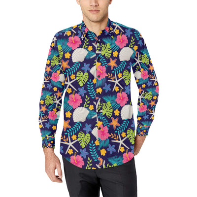 Beach Seashell Floral Theme Men's Long Sleeve Shirt