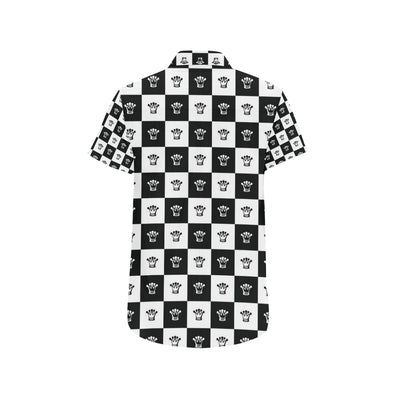 Checkered Flag Crown Pattern Men's Short Sleeve Button Up Shirt