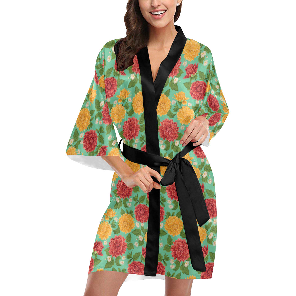 Dahlia Pattern Print Design DH011 Women's Short Kimono