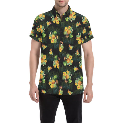 Pineapple Tropical Flower Print Pattern Men's Short Sleeve Button Up Shirt
