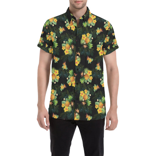 Pineapple Tropical Flower Print Pattern Men's Short Sleeve Button Up Shirt