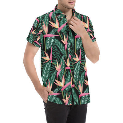 Bird Of Paradise Pattern Print Design BOP03 Men's Short Sleeve Button Up Shirt