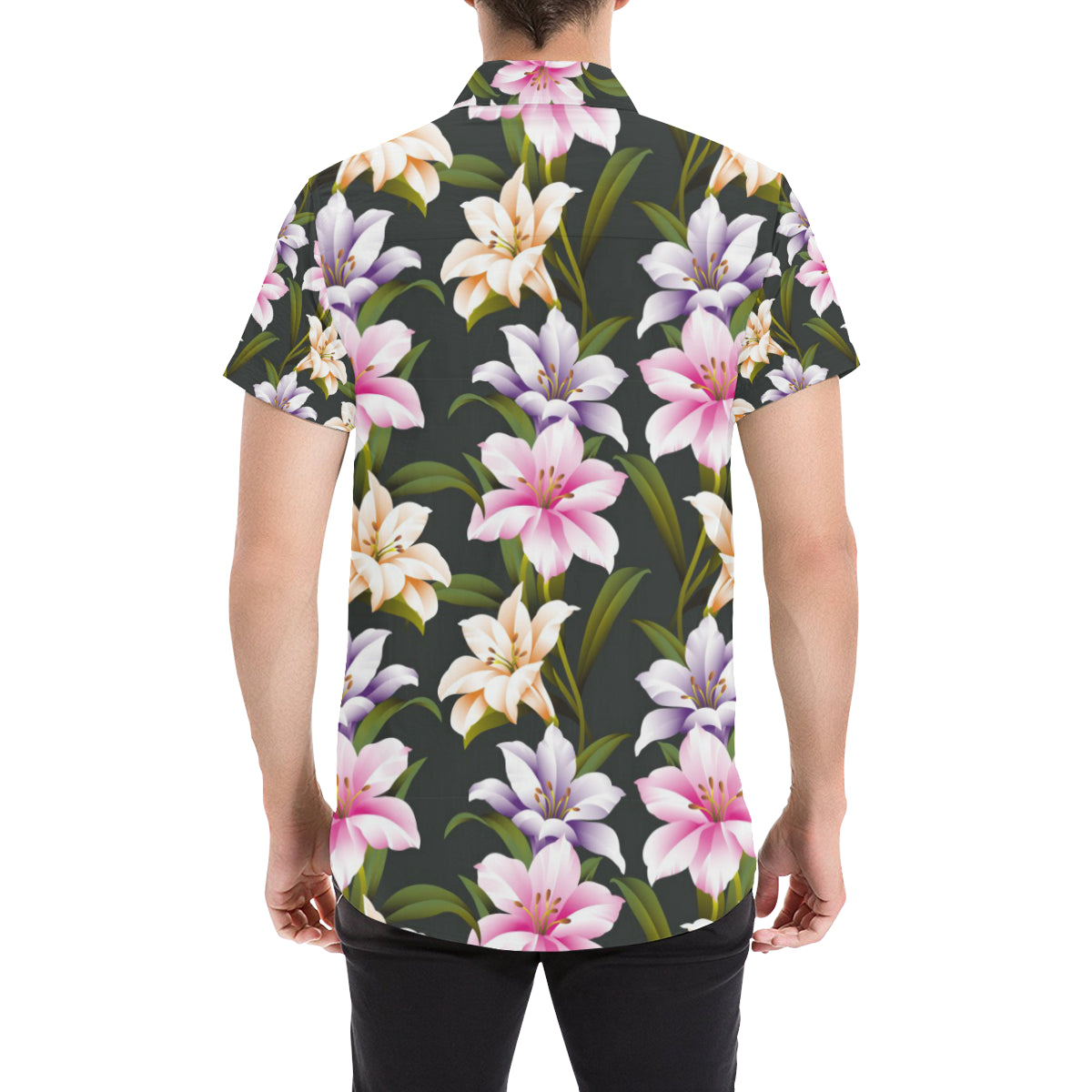 Lily Pattern Print Design LY01 Men's Short Sleeve Button Up Shirt