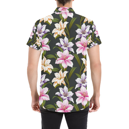 Lily Pattern Print Design LY01 Men's Short Sleeve Button Up Shirt