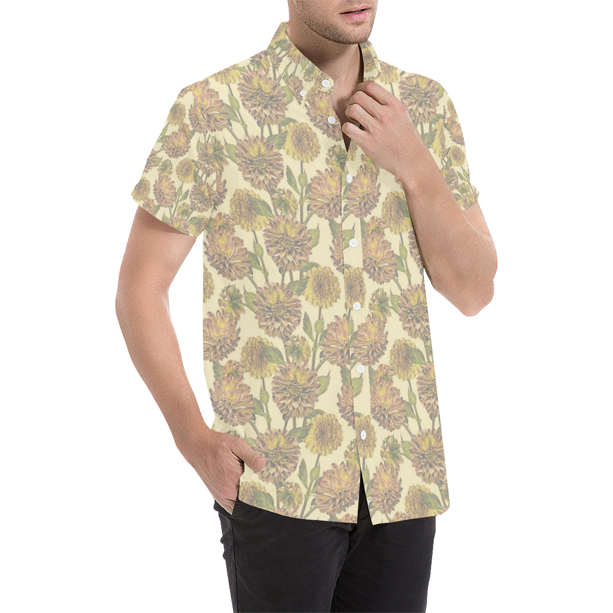 Dahlia Pattern Print Design DH09 Men's Short Sleeve Button Up Shirt