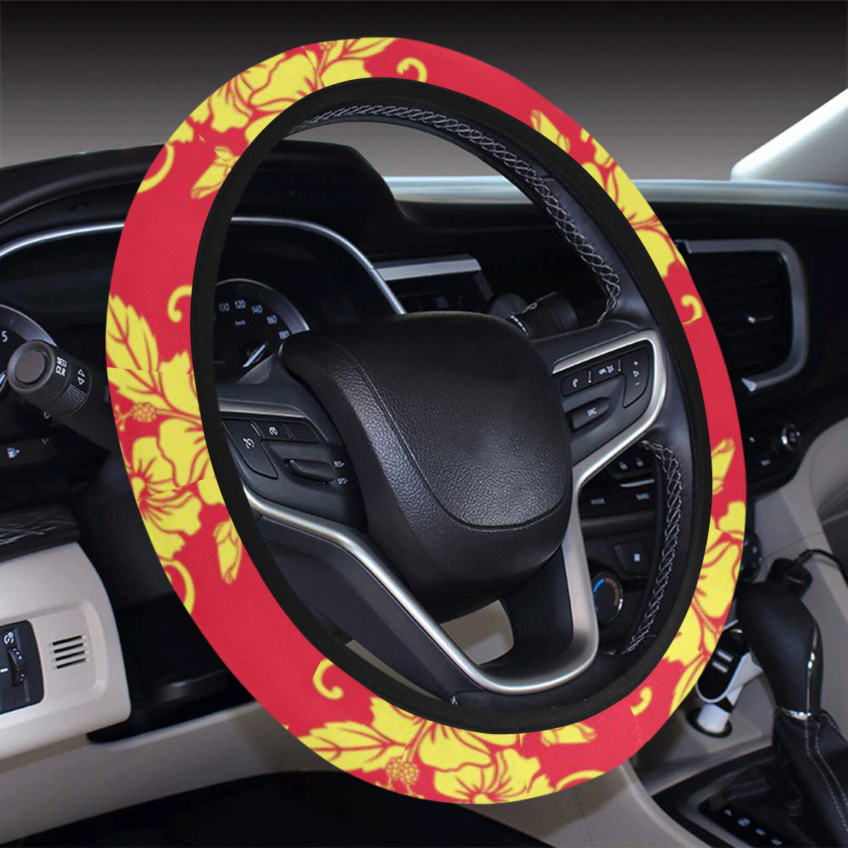 Orange Hibiscus Pattern Print Design HB018 Steering Wheel Cover with Elastic Edge