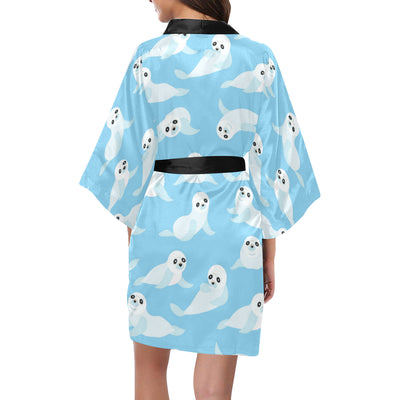 Sea Lion Cute Pattern Print Design 03 Women's Short Kimono