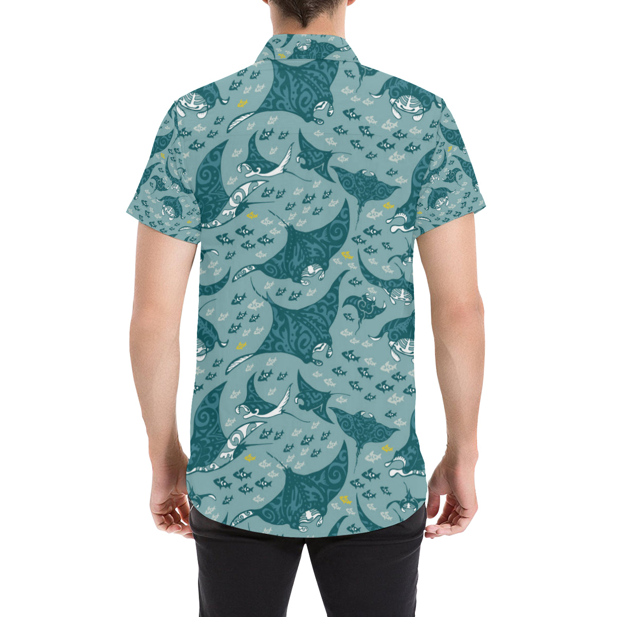 Manta Ray Tribal Pattern Print Design 03 Men's Short Sleeve Button Up Shirt