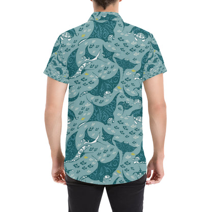 Manta Ray Tribal Pattern Print Design 03 Men's Short Sleeve Button Up Shirt