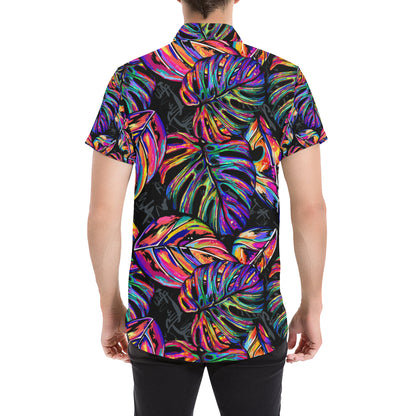 Neon Color Tropical Palm Leaves Men's Short Sleeve Button Up Shirt