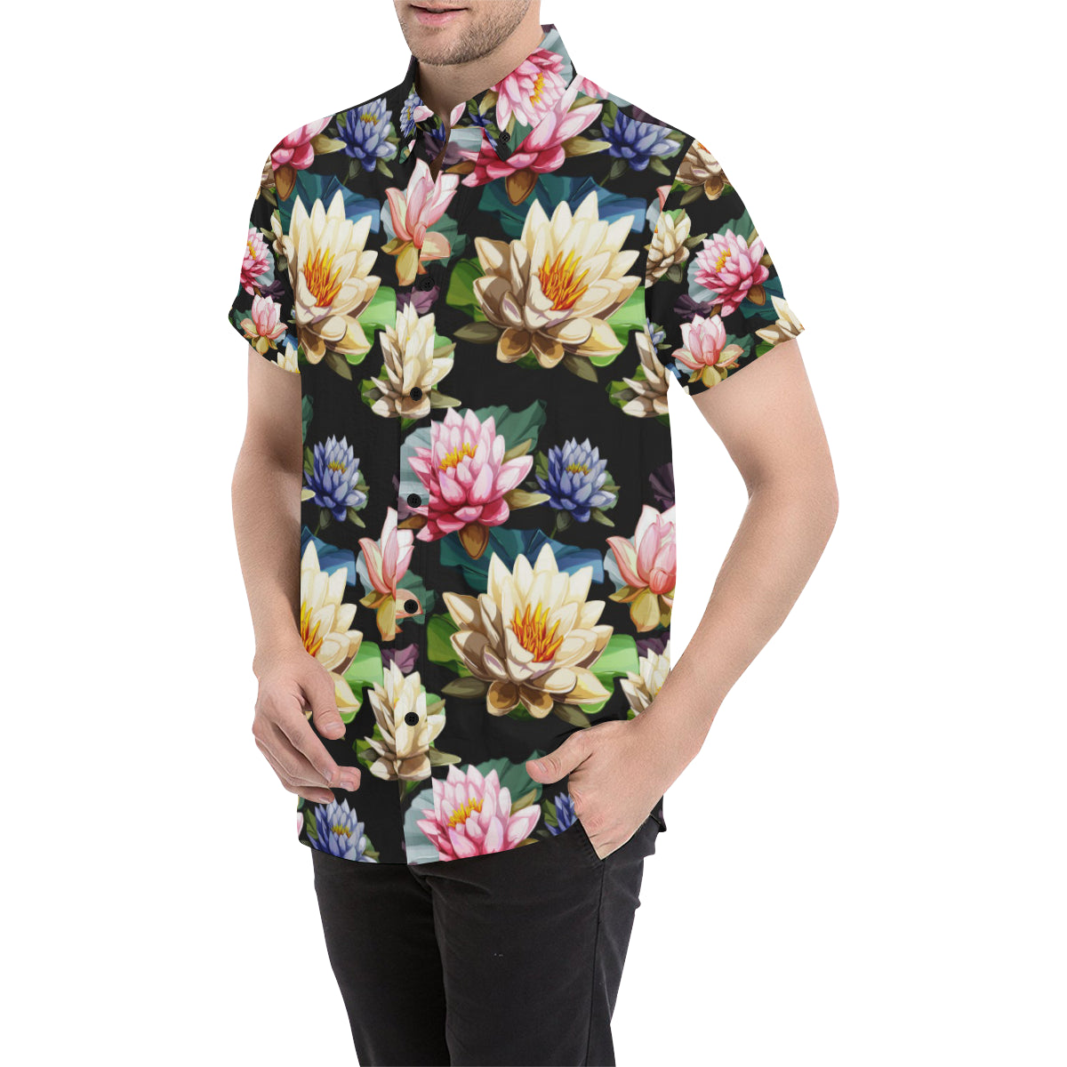 Water Lily Pattern Print Design WL02 Men's Short Sleeve Button Up Shirt