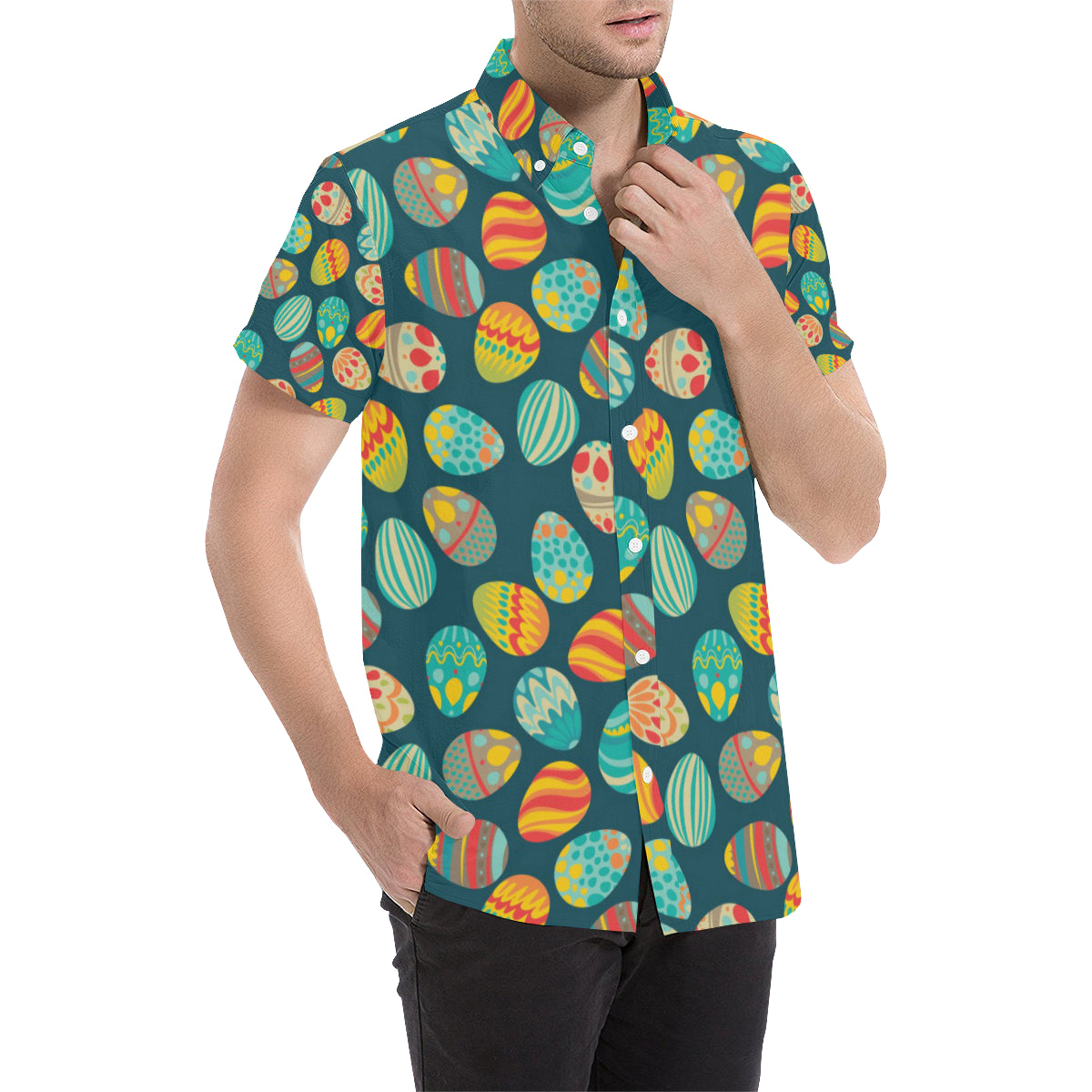 Easter Eggs Pattern Print Design RB09 Men's Short Sleeve Button Up Shirt