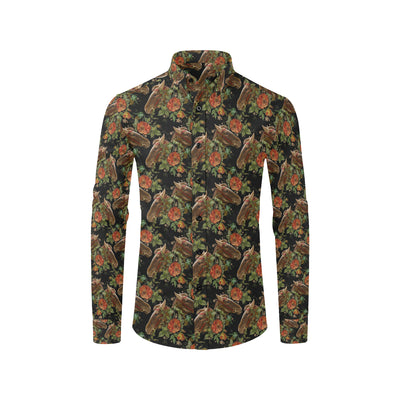 Horse Embroidery with Flower Design Men's Long Sleeve Shirt