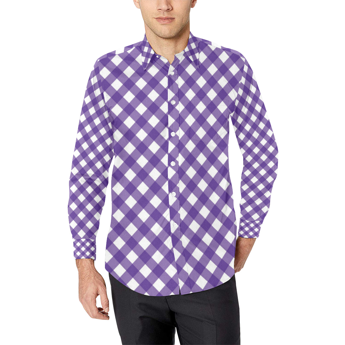 Gingham Purple Pattern Print Design 03 Men's Long Sleeve Shirt