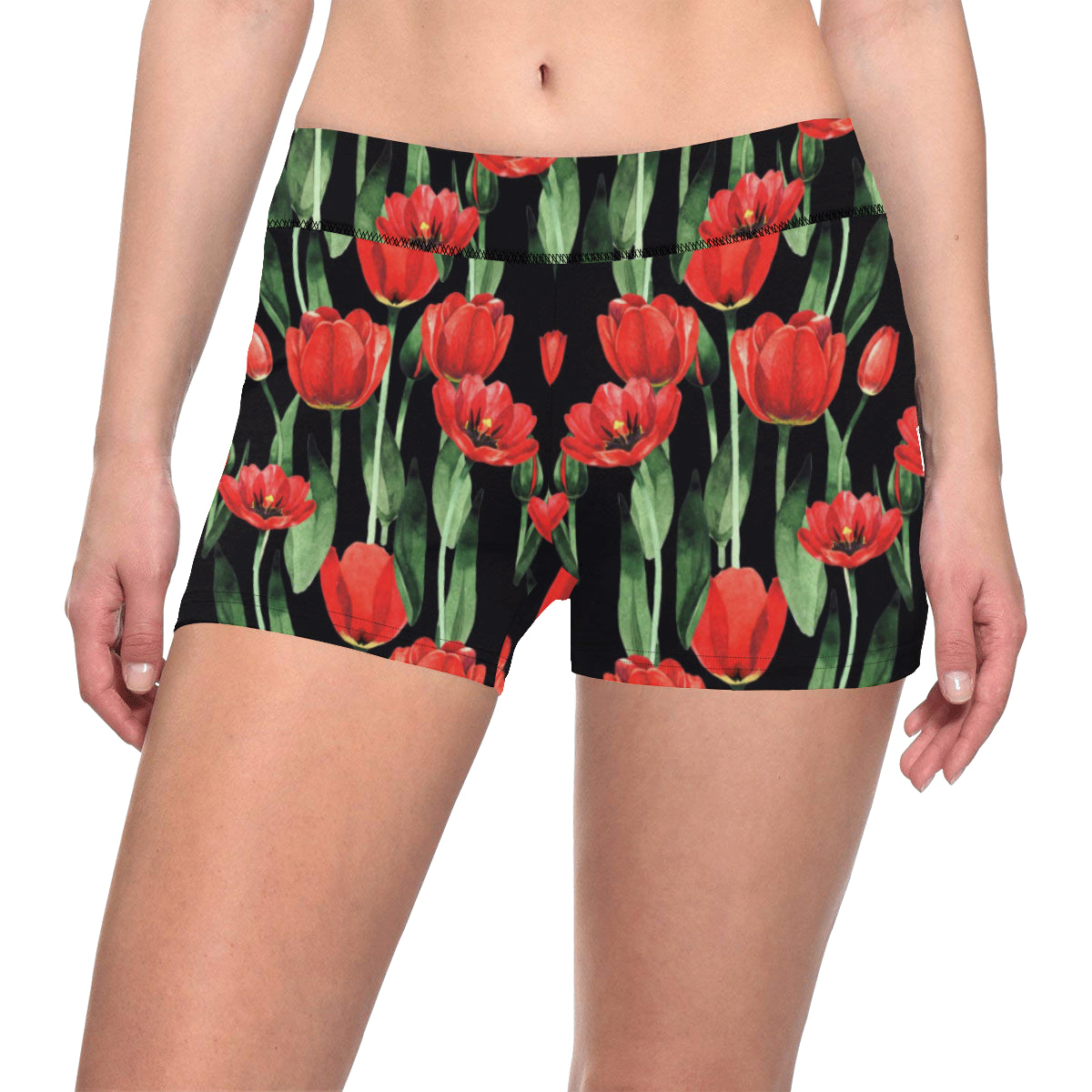 Tulip Red Pattern Print Design TP03 Yoga Shorts