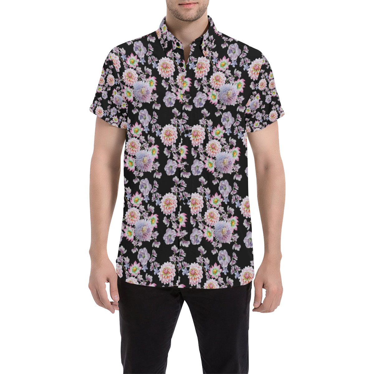 Dahlia Pattern Print Design DH012 Men's Short Sleeve Button Up Shirt