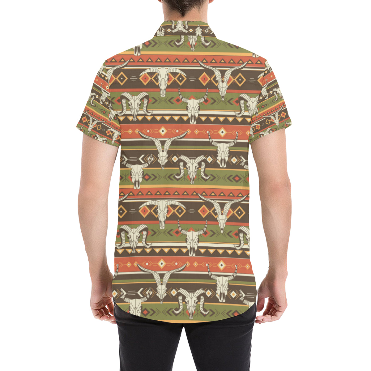 American indian Skull Animal Men's Short Sleeve Button Up Shirt